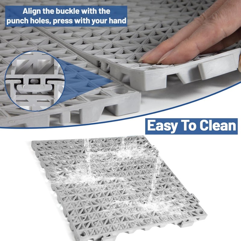 Dingbaayee 12PCS Drainage Interlocking Floor Tiles 11.8" x 11.8", Modular Interlocking Cushion Soft PVC Floor Non-Slip Splicing Waterproof Mat for Pool, Shower, Patio, Balcony, Bathroom, Kitchen, Yard（Grey） - Image 4